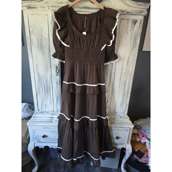 NWT Anthropologie Puff-Sleeve Brown Tiered Maxi Dress - Small - Picture 4 of 4